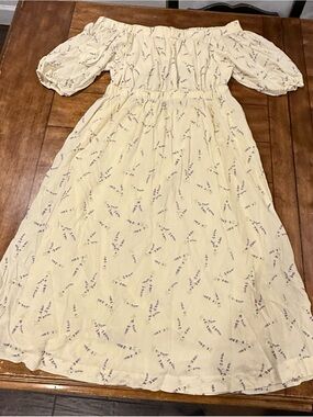 H&M Cream Floral Off-Shoulder Midi Dress with Purple Sprigs